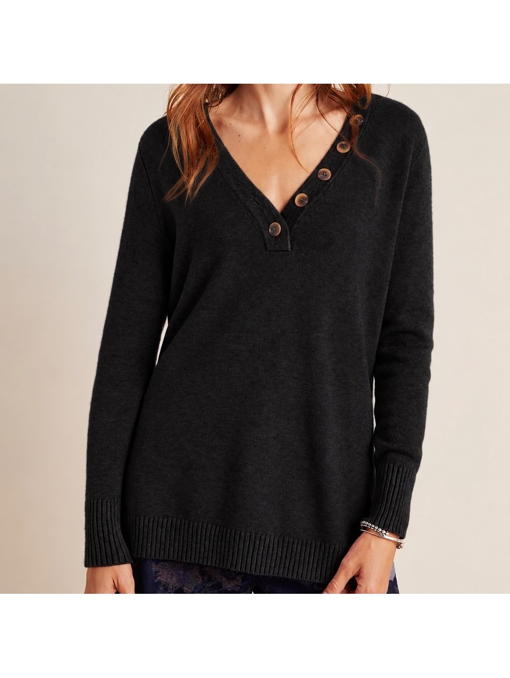 Anthropologie Serena V-Neck Button Sweater Black Size Small